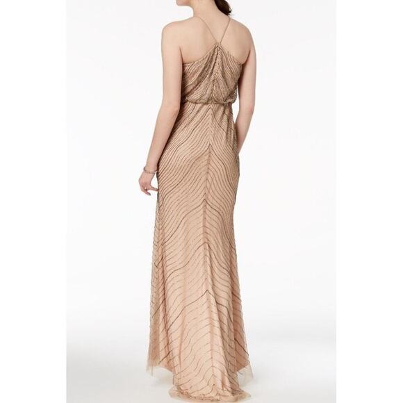 NEW Adrianna Papell Halter Beaded Blouson Goem Maxi Dress Sz 8P Taupe Pink Wavy - Picture 2 of 9
